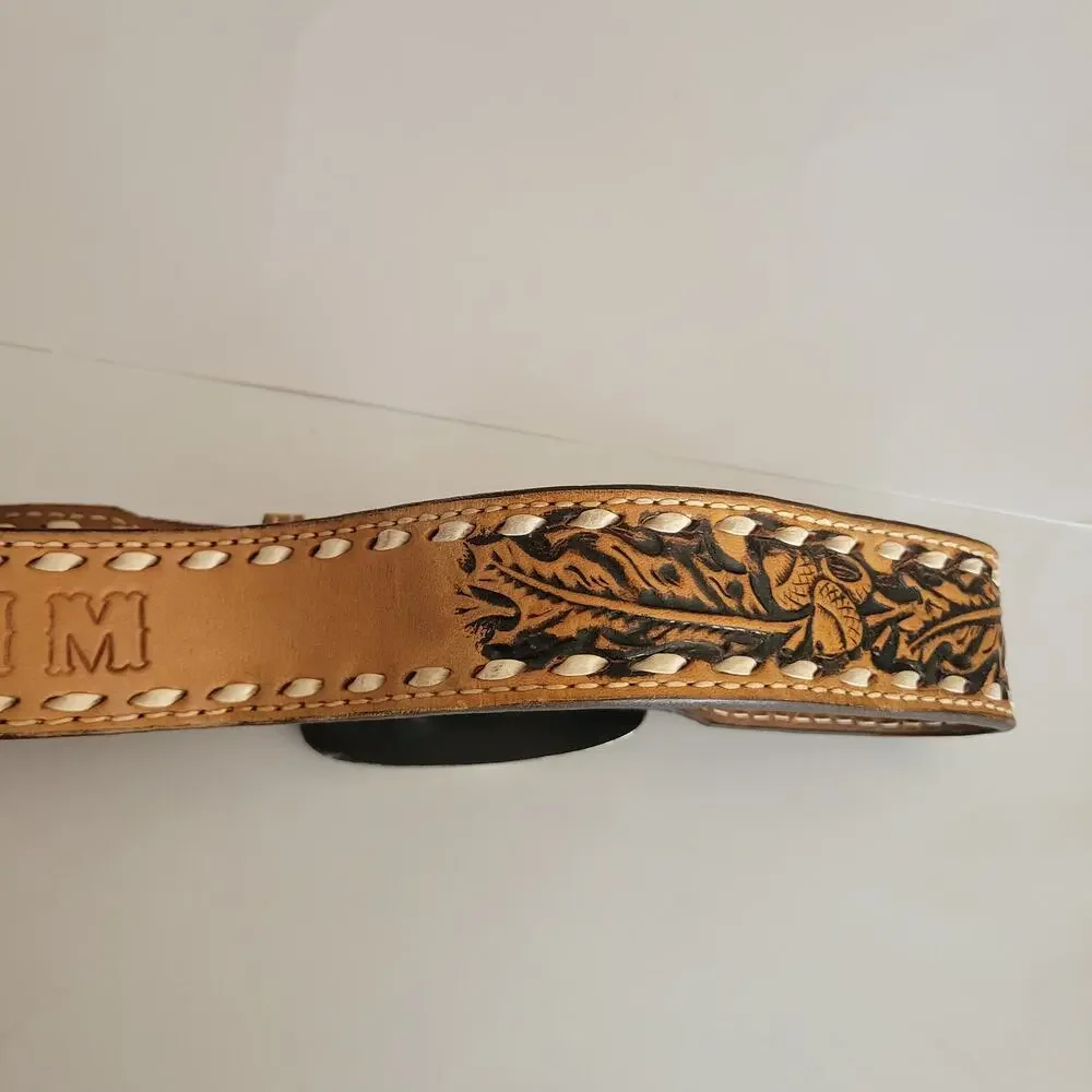 Nocona Tooled Leather Belt Size 34 Buckstitch Personalized JIM Winchester Buckle